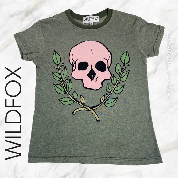 Wildfox Tops - WILDFOX Skull Leaves Pink Green Ringer Tee T-shirt